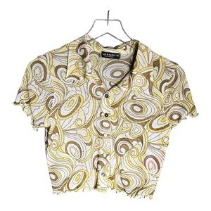 Liz & Sara Green Yellow Crop Top Abstract Mesh Sheer Shirt Size M Retro Top